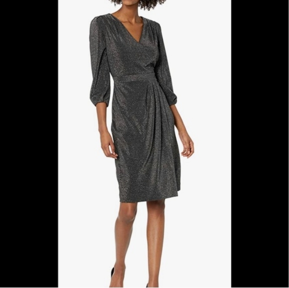 Karl Lagerfeld Metallic Ponte Stretch Silver Faux Wrap Party Dress‎ Women's 10